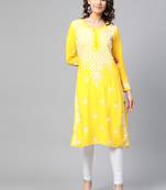 Yellow hand woven georgette chikankari-kurtis