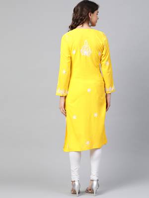 Yellow hand woven georgette chikankari-kurtis 2
