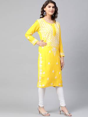 Yellow hand woven georgette chikankari-kurtis 3