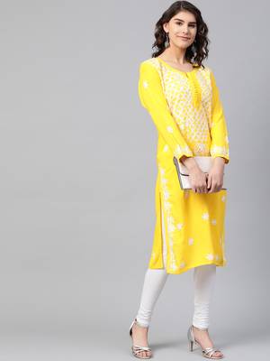 Yellow hand woven georgette chikankari-kurtis 5