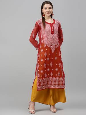 Red hand woven polyester chikankari-kurtis 1