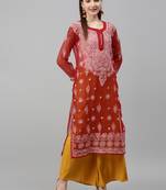 Red hand woven polyester chikankari-kurtis