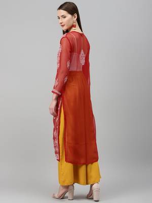 Red hand woven polyester chikankari-kurtis 2