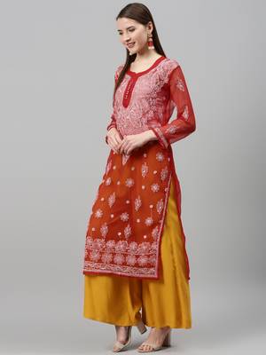 Red hand woven polyester chikankari-kurtis 3