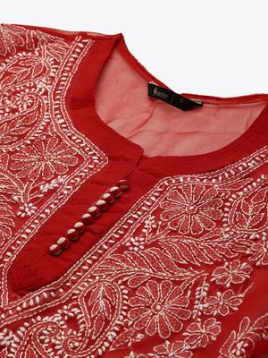 Red hand woven polyester chikankari-kurtis 4