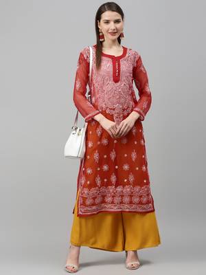 Red hand woven polyester chikankari-kurtis 5