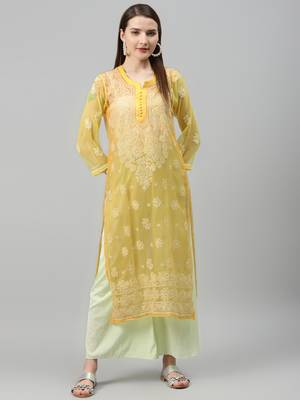 Yellow hand woven polyester chikankari-kurtis 1