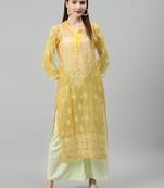 Yellow hand woven polyester chikankari-kurtis