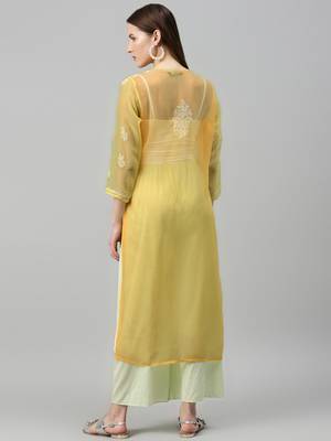 Yellow hand woven polyester chikankari-kurtis 2