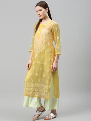 Yellow hand woven polyester chikankari-kurtis 3