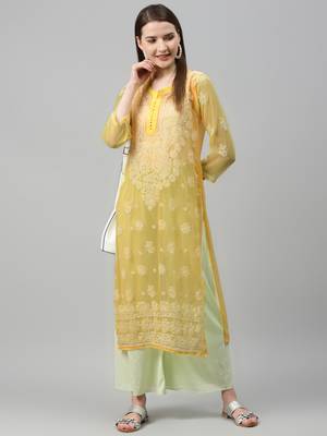 Yellow hand woven polyester chikankari-kurtis 5