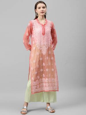 Peach hand woven polyester chikankari-kurtis 1