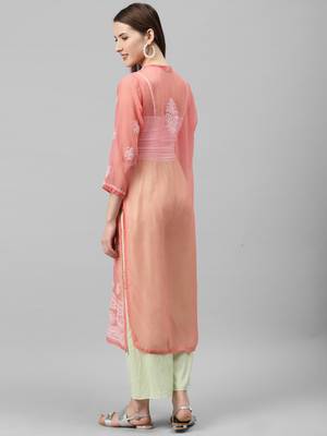 Peach hand woven polyester chikankari-kurtis 2