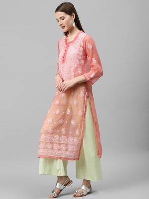 Peach hand woven polyester chikankari-kurtis 3