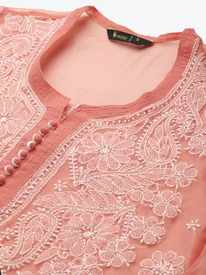 Peach hand woven polyester chikankari-kurtis 4