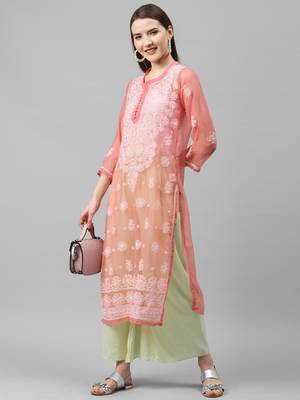 Peach hand woven polyester chikankari-kurtis 5