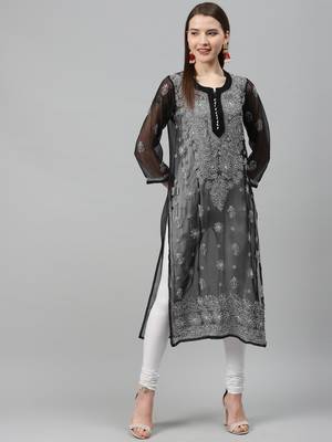 White hand woven polyester chikankari-kurtis 1