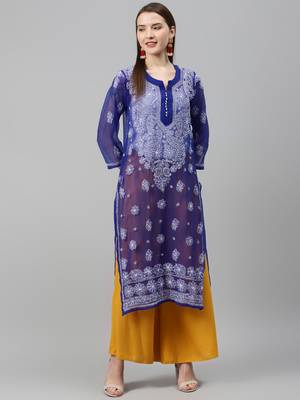 Blue hand woven polyester chikankari-kurtis 1