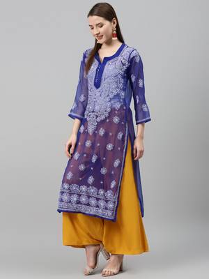Blue hand woven polyester chikankari-kurtis 3