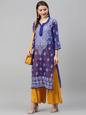 Blue hand woven polyester chikankari-kurtis 5