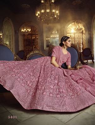 Pink embroidered net semi stitched lehenga 1