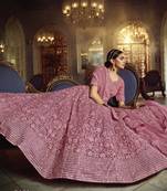 Pink embroidered net semi stitched lehenga