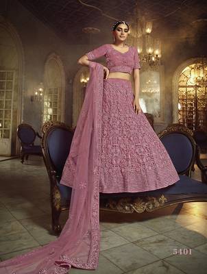 Pink embroidered net semi stitched lehenga 4