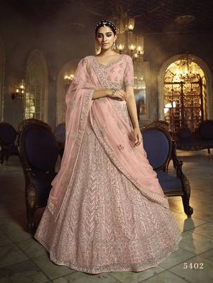 Peach embroidered net semi stitched lehenga 1