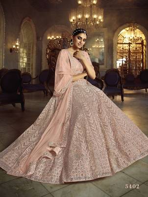 Peach embroidered net semi stitched lehenga 2