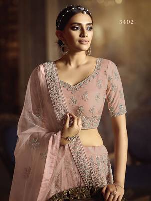 Peach embroidered net semi stitched lehenga 3