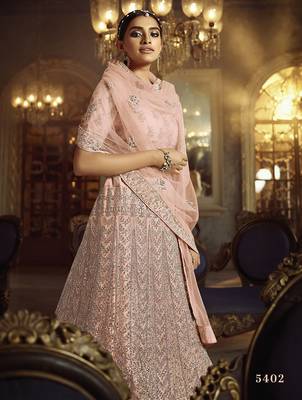 Peach embroidered net semi stitched lehenga 4