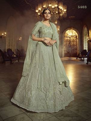 Green embroidered net semi stitched lehenga 1