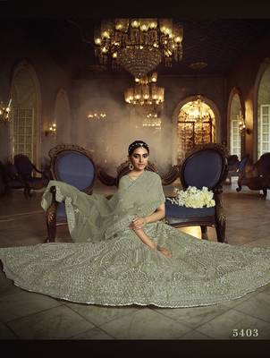 Green embroidered net semi stitched lehenga 3