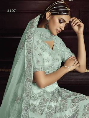 Sky-blue embroidered net semi stitched lehenga 2
