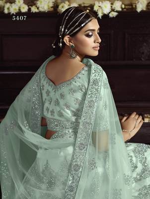 Sky-blue embroidered net semi stitched lehenga 3