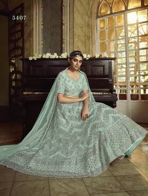 Sky-blue embroidered net semi stitched lehenga 4