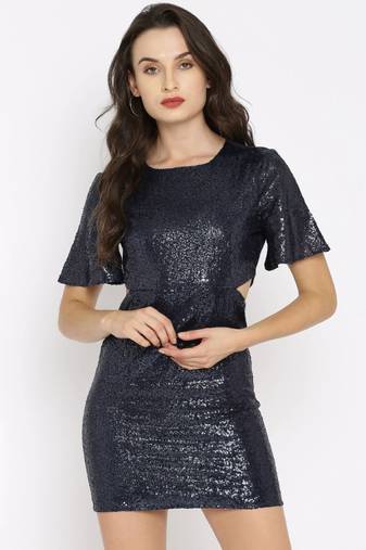 Navy Sequin Side Cut Dress