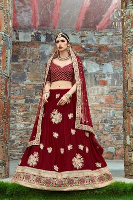 Maroon embroidered velvet semi stitched lehenga 1
