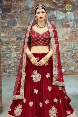 Maroon embroidered velvet semi stitched lehenga 2