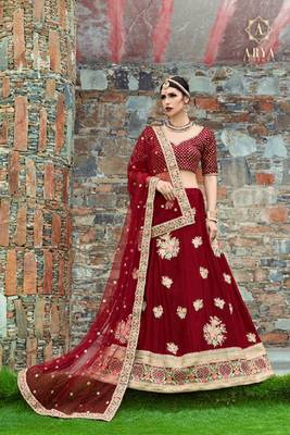Maroon embroidered velvet semi stitched lehenga 3