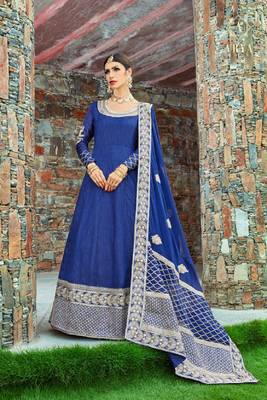 Royal-blue embroidered art silk semi stitched lehenga 1