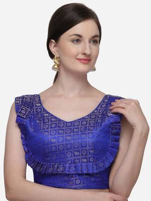 Printed Blue Jacquard Blouse With V Neck 1