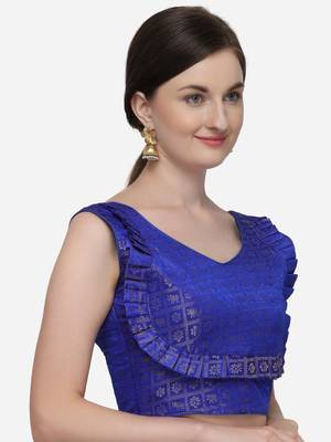 Printed Blue Jacquard Blouse With V Neck 3