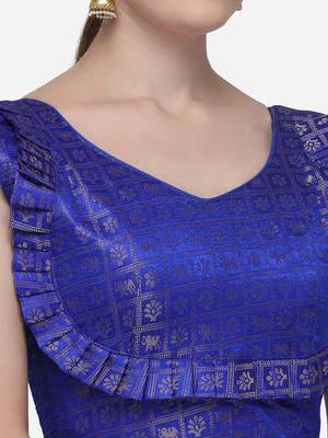 Printed Blue Jacquard Blouse With V Neck 4