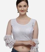 Embroidered White Net Blouse With Round Neck