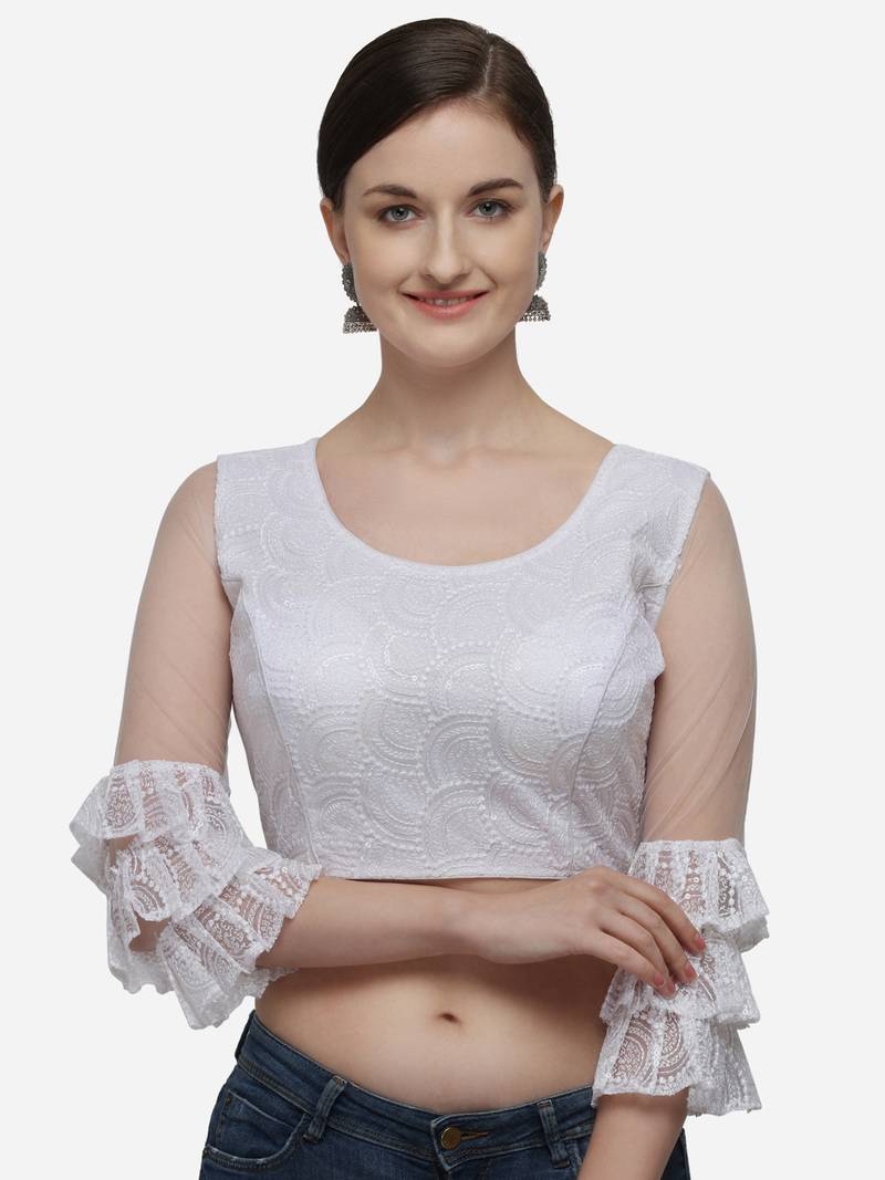 Embroidered White Net Blouse With Round Neck