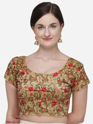 Embroidered And Sequines Work Beige Silk Blouse With Round Neck 1