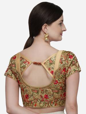 Embroidered And Sequines Work Beige Silk Blouse With Round Neck 2