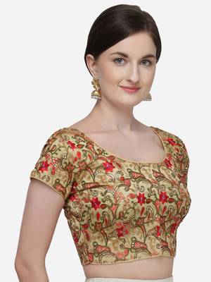 Embroidered And Sequines Work Beige Silk Blouse With Round Neck 3
