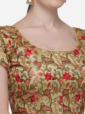 Embroidered And Sequines Work Beige Silk Blouse With Round Neck 4